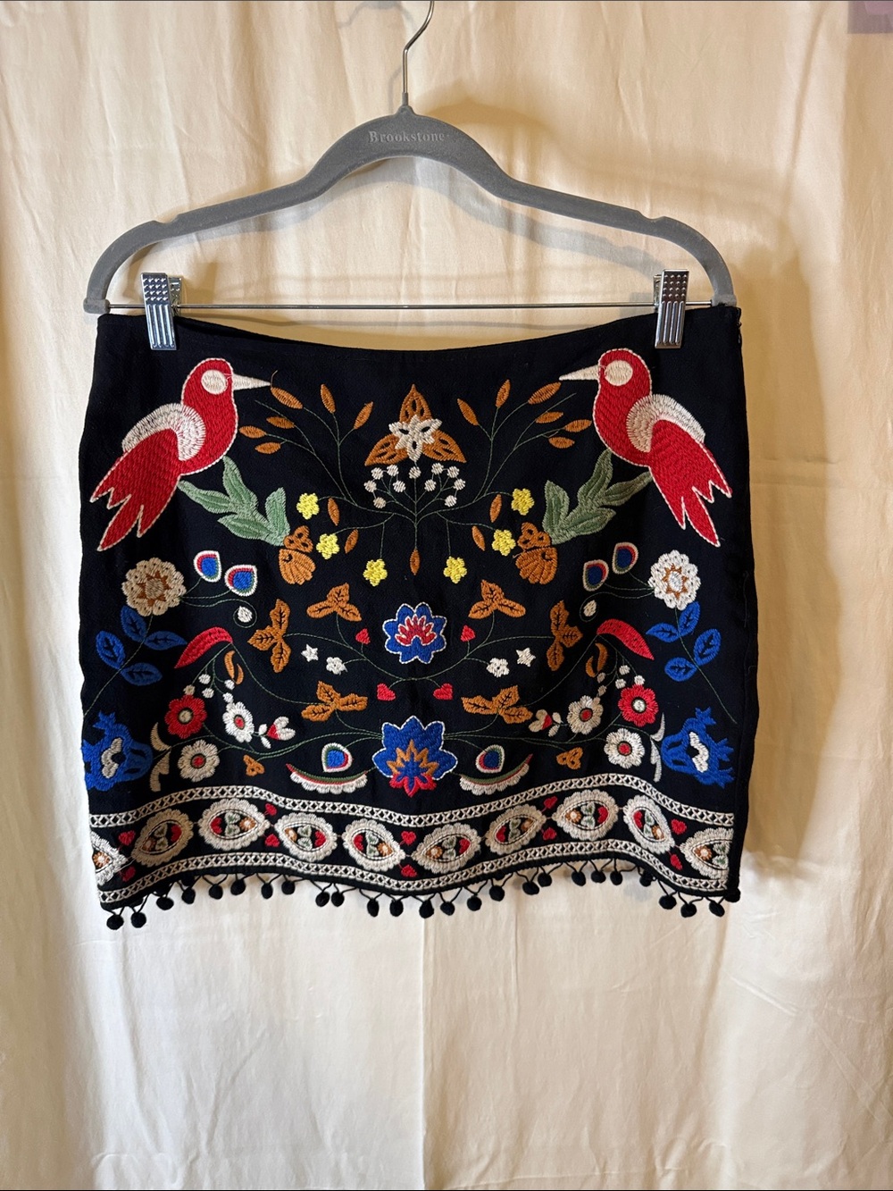 Umgee Black Mini Skirt with Red Bird & Multicolor Floral Embroidery